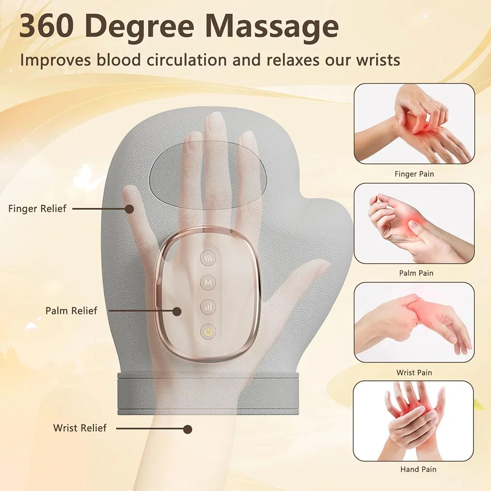 Hand Massager with Heat and Compression Relief, Rechargeable Electric Massager with 3 Massage 3 Temperature, 5 Pressure Levels, Therapeutic Glove for Arthritis and Tunnel