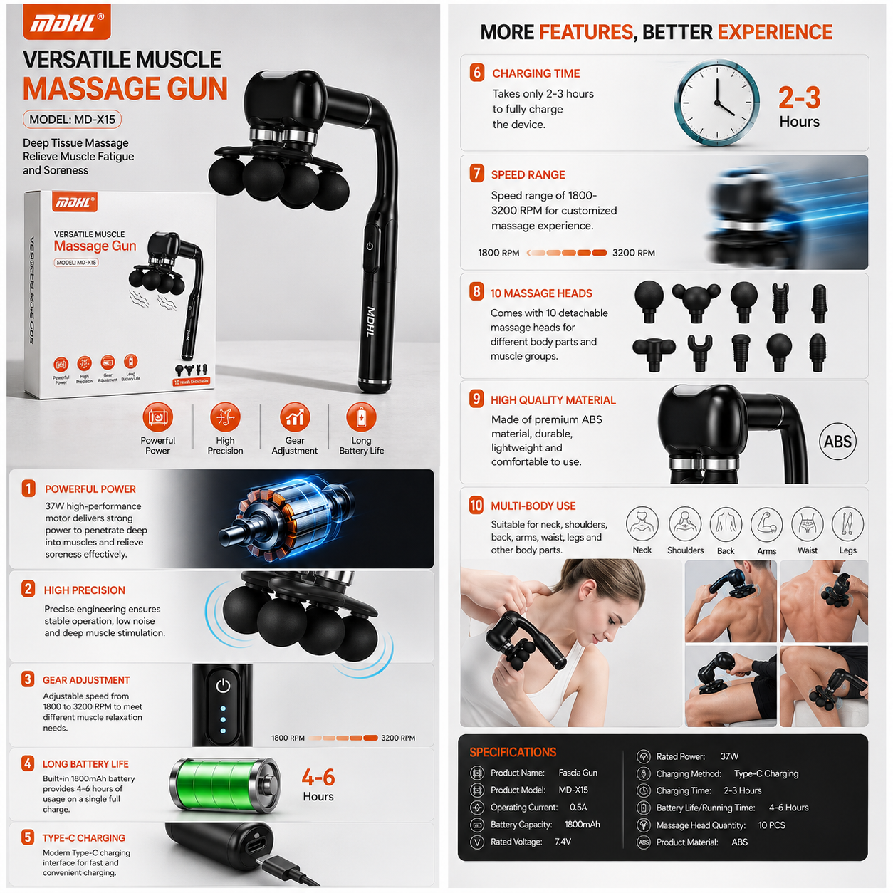 MDHL Deep Tissue Massage Gun – 10 Heads Portable Body Massager